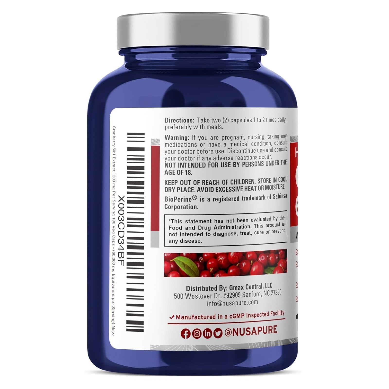 Nusapure, Cranberry 60000 mg, 180 Capsules - الصورة 2