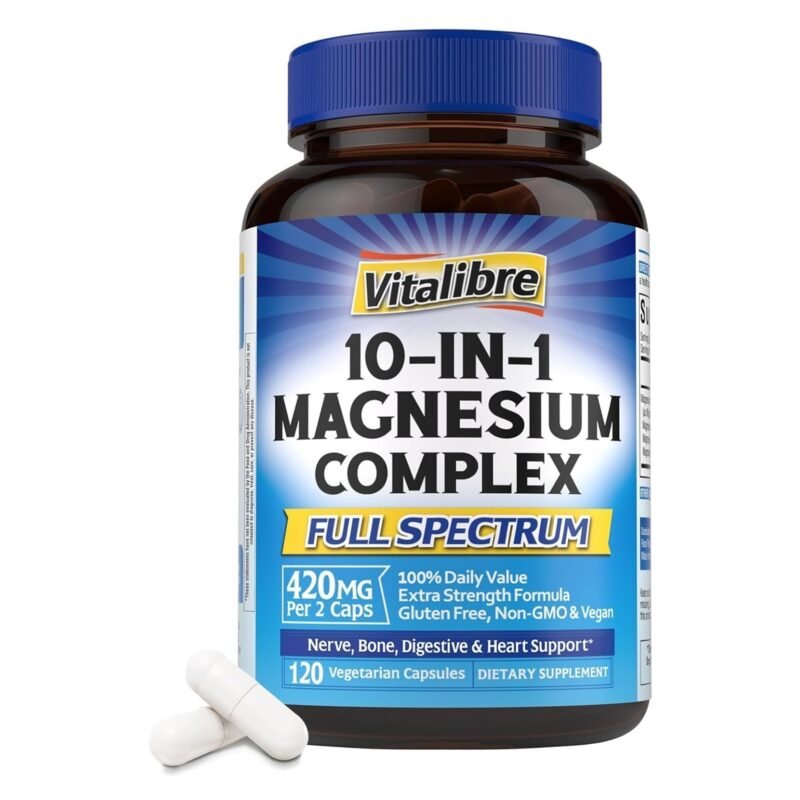 Vitalibre 10 in 1 Magnesium Complex, 420mg Elemental Magnesium | Ultra Strength, Max Absorption | Chelated Magnesium Supplement for Nerves, Bone & Heart Health | Non-GMO, 120 Vegan Capsules