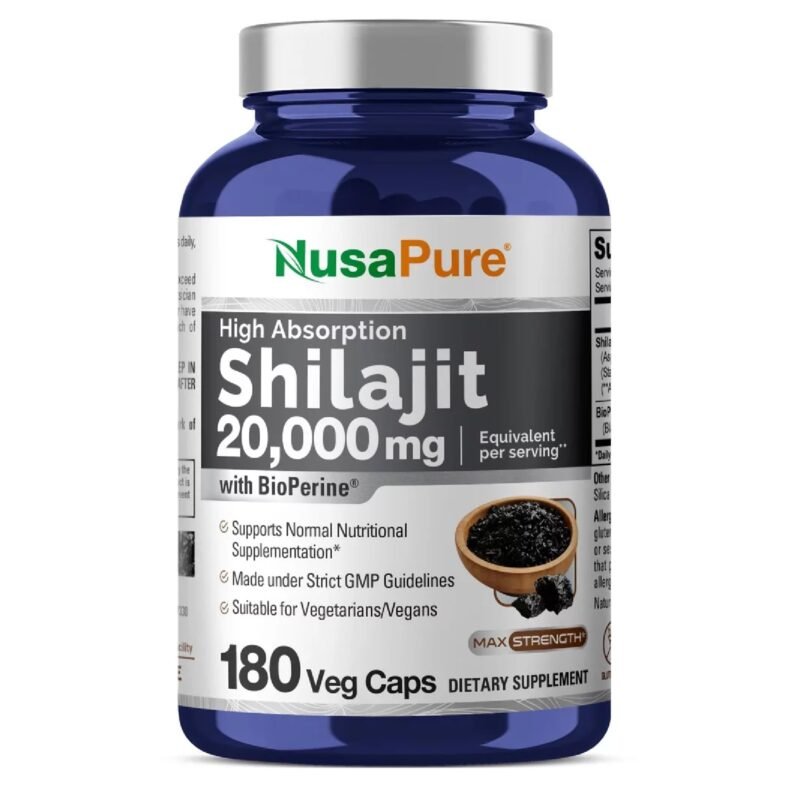 NusaPure Shilajit 20,000mg per Serving, 180 Veggie Caps, Non-GMO, Gluten Free, Bioperine