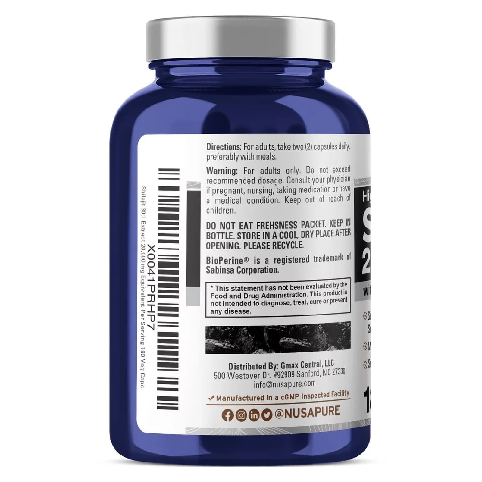 NusaPure Shilajit 20,000mg per Serving, 180 Veggie Caps, Non-GMO, Gluten Free, Bioperine - الصورة 3