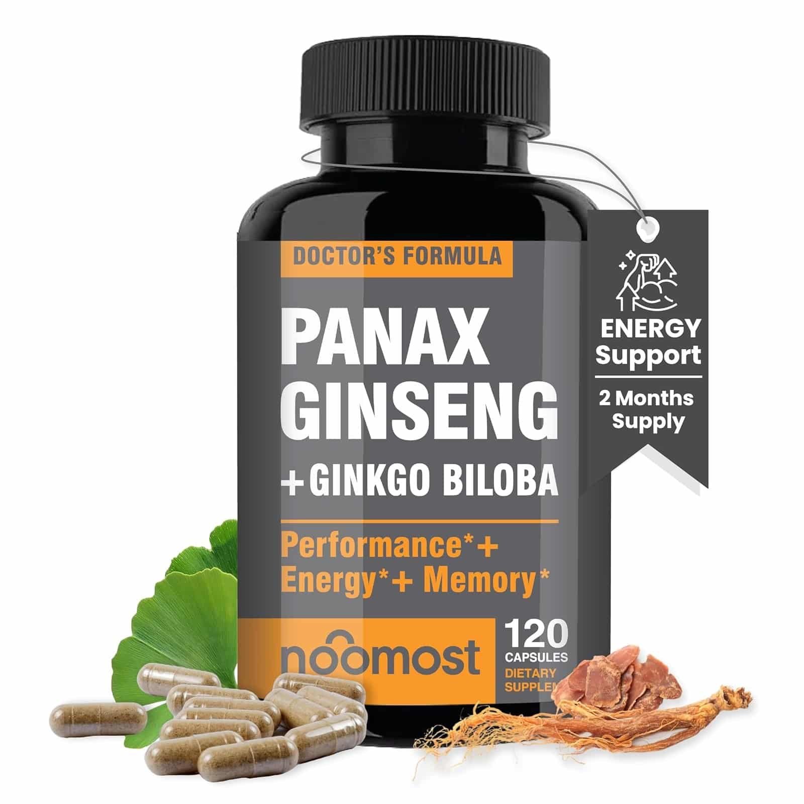 Men's and Women's Korean Red Panax Ginseng with Ginkgo Biloba,120 Vegan Capsules