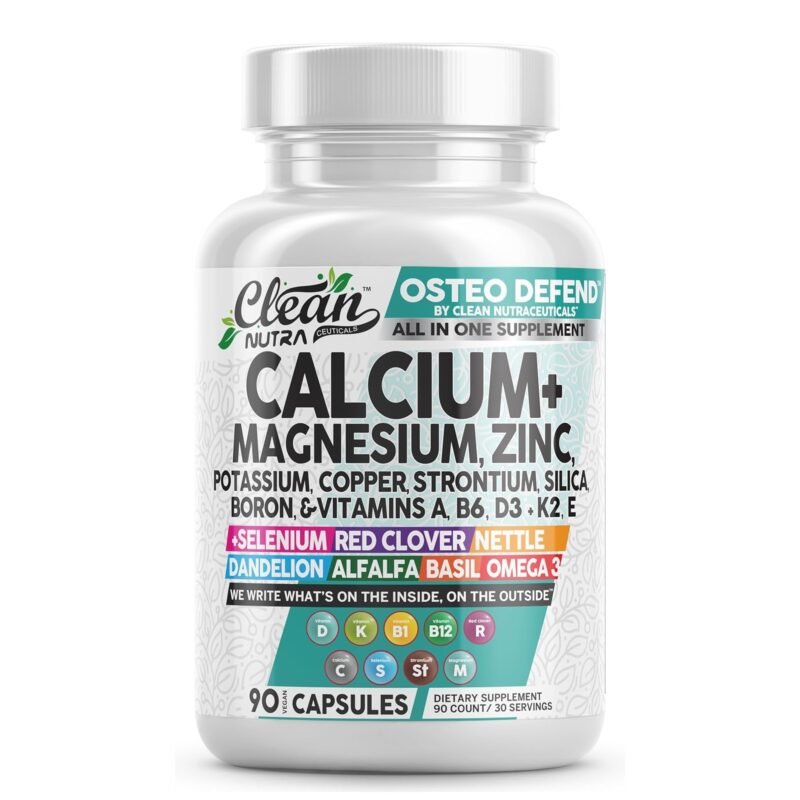 Allin1 Calcium Magnesium Zinc Supplement with Potassium, Copper, Strontium, Silica, Vitamin D3 K2, Boron, Vitamin B1 B12 Red Clover Herb Alfalfa Basil Pills for Men & Women Clean Nutra Osteo Defend
