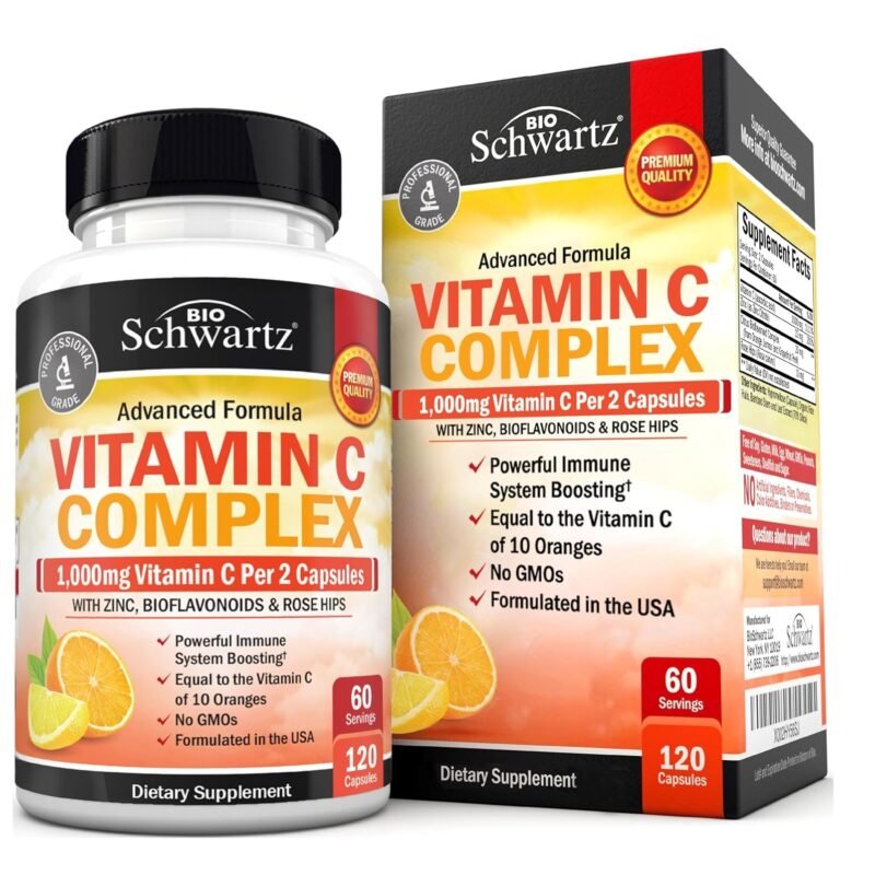 BioSchwartz Vitamin C Complex Supplement - Vitamin C 1000mg Capsules with Rose HIPS Zinc and Citrus Bioflavonoids for Immune Health, Cellular Energy, Collagen Production, 120 Count (60 Day Supply)