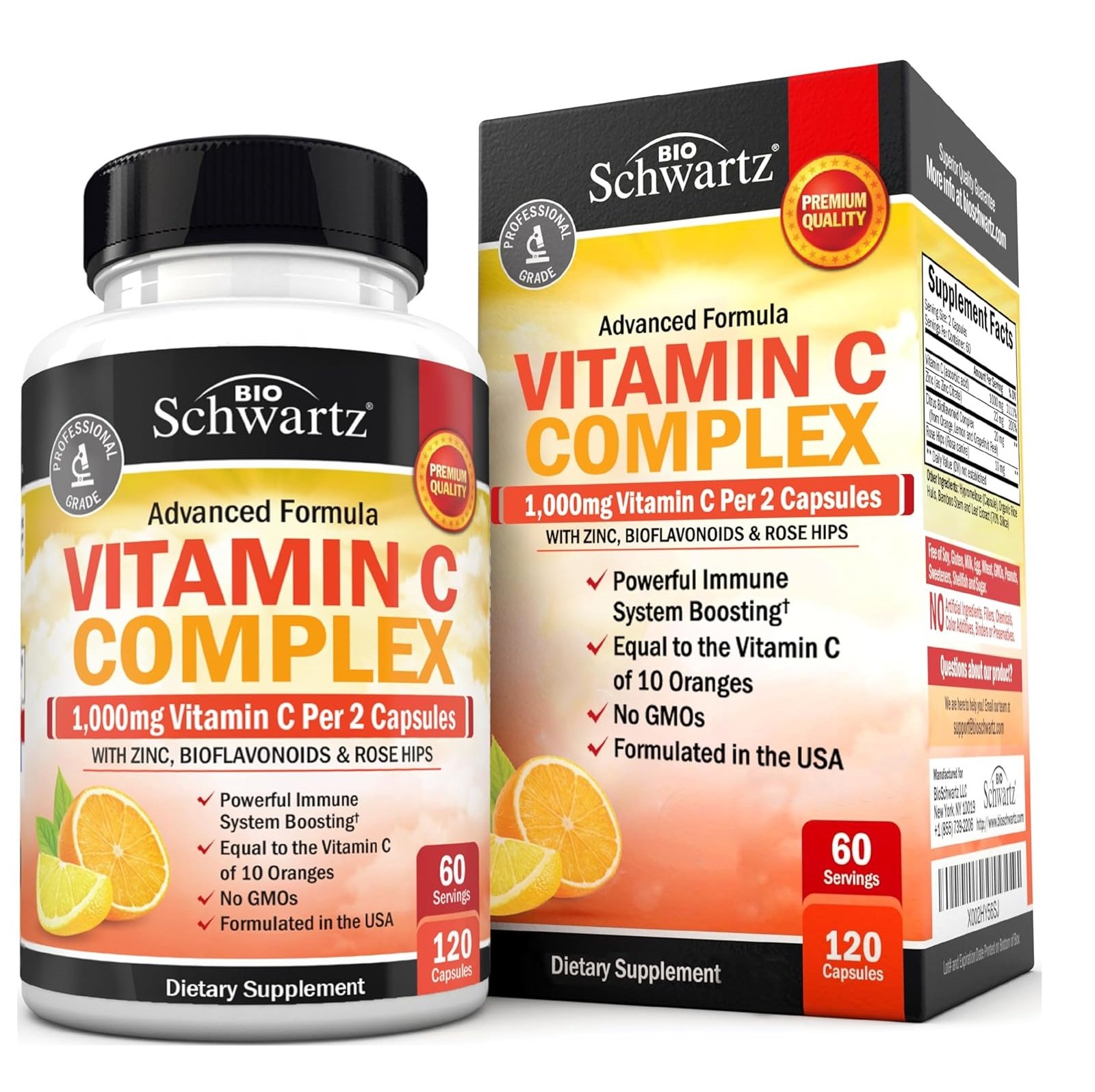 BioSchwartz Vitamin C Complex Supplement - Vitamin C 1000mg Capsules with Rose HIPS Zinc and Citrus Bioflavonoids for Immune Health, Cellular Energy, Collagen Production, 120 Count (60 Day Supply)