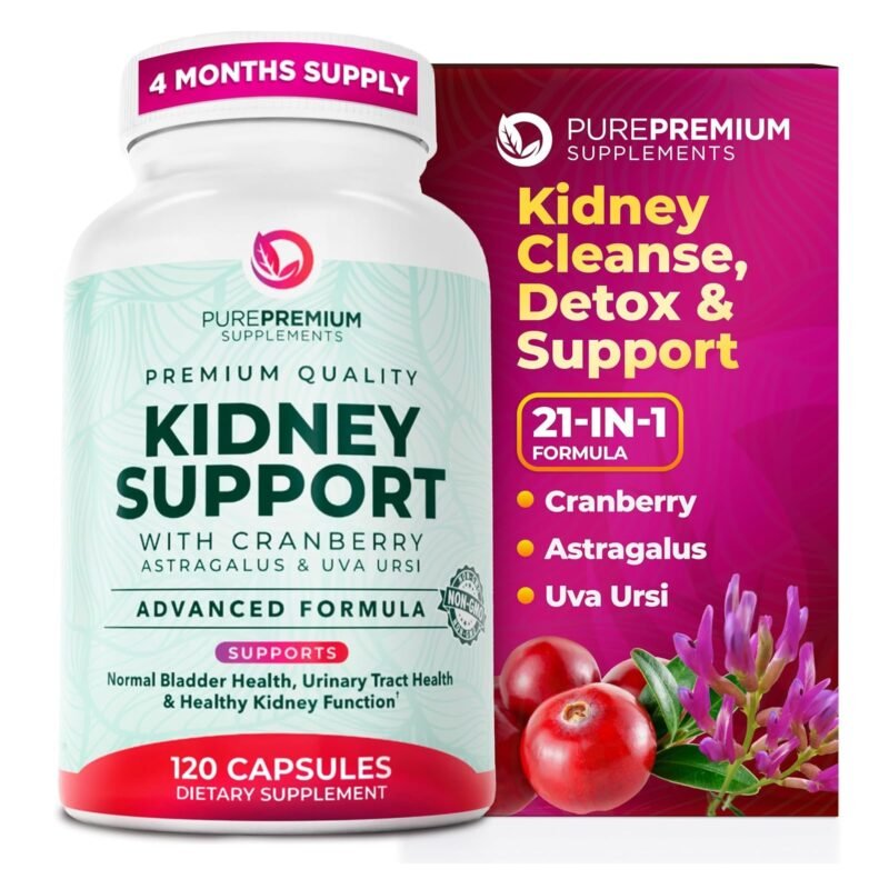 PurePremium Kidney Support Supplement – Kidney Cleanse Detox & Repair with Cranberry Extract & Astragalus - 21-in-1 Complex Supports Normal Bladder, Urinary Tract & Kidneys Health - 120 Day Supply