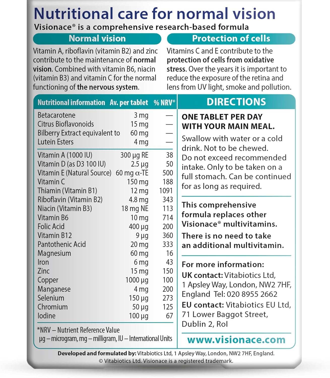 Vitabiotics Visionace Original - Nutritional Multivitamin for Normal Vision | Vitamins A, B2 and Zinc - 30 Tablets - الصورة 2