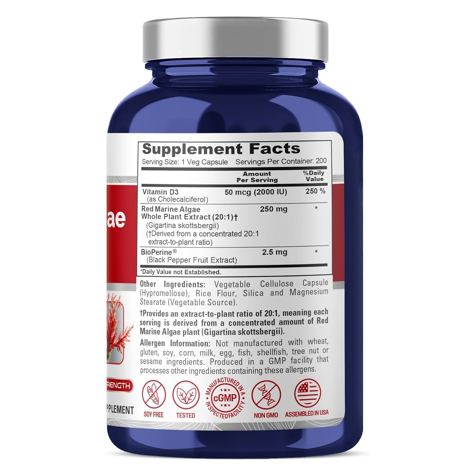 NusaPure Red Marine Algae 20:1 Extract, 250 mg Equivalent to 5,000 mg Veggie Caps 200 Count (Non-GMO, Soyfree) - الصورة 2