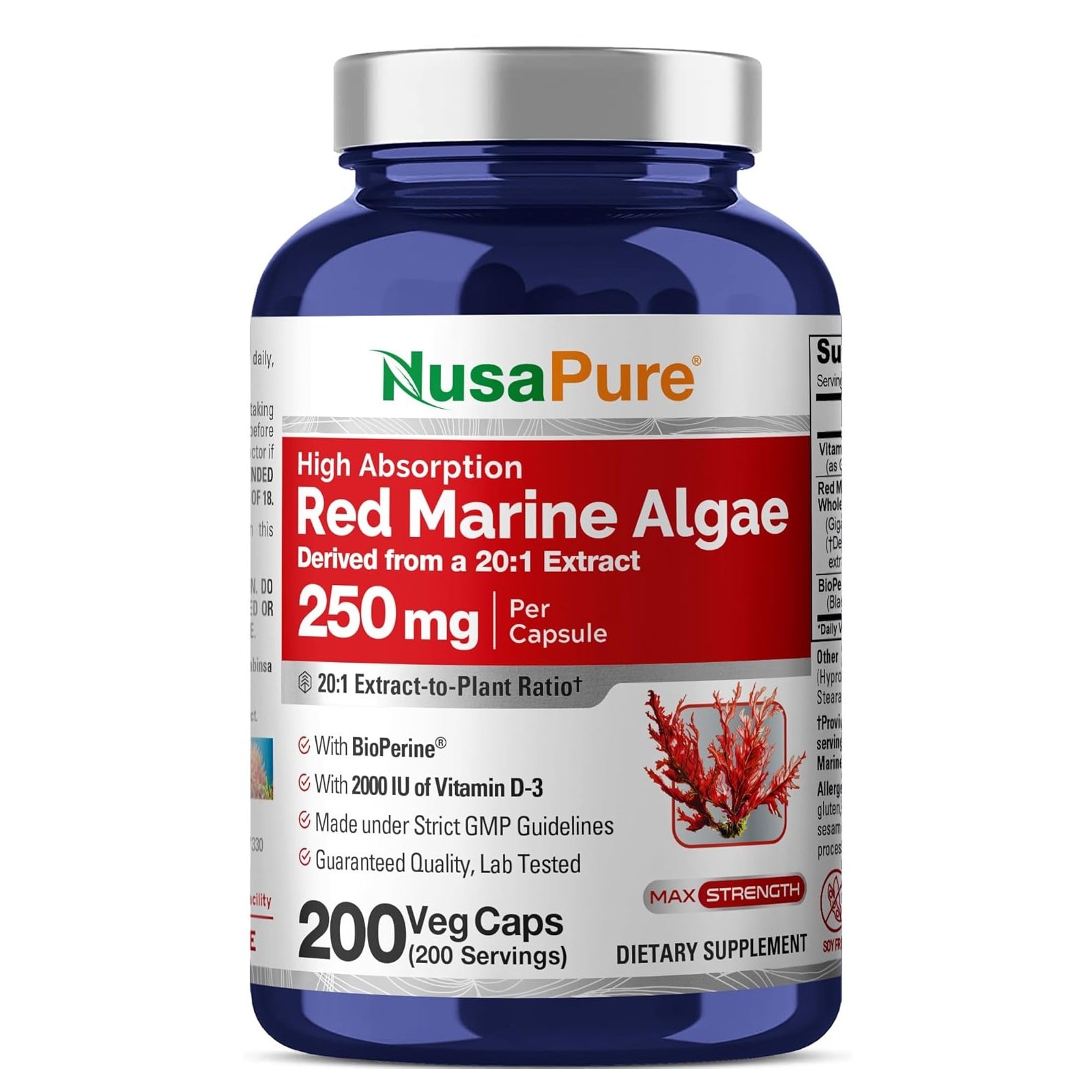 NusaPure Red Marine Algae 20:1 Extract, 250 mg Equivalent to 5,000 mg Veggie Caps 200 Count (Non-GMO, Soyfree)