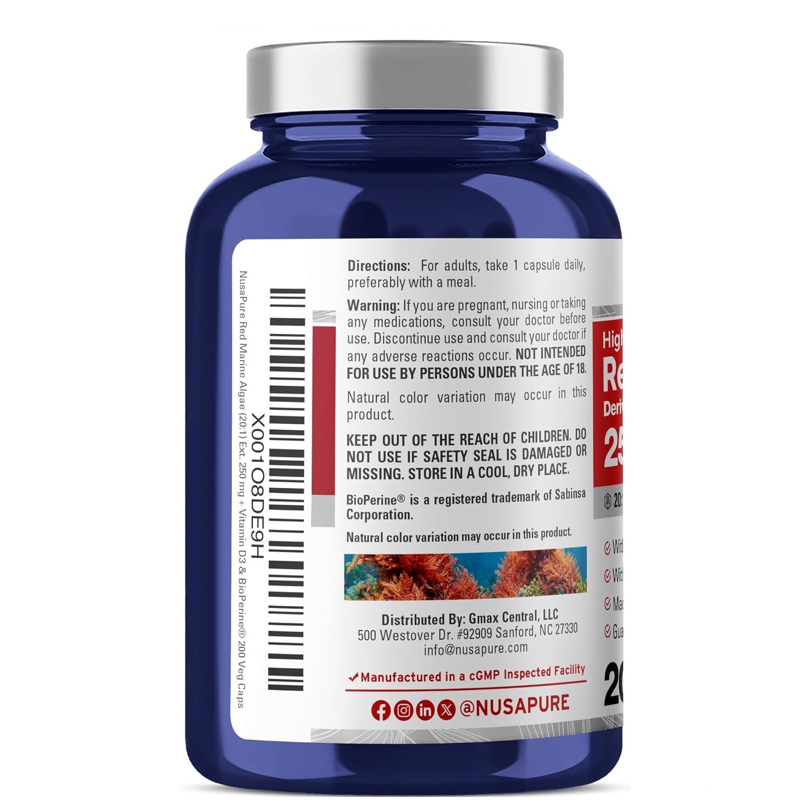 NusaPure Red Marine Algae 20:1 Extract, 250 mg Equivalent to 5,000 mg Veggie Caps 200 Count (Non-GMO, Soyfree) - الصورة 3