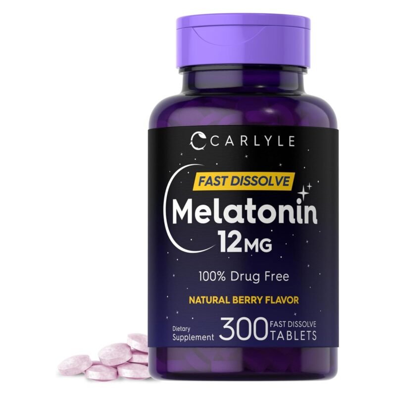 Carlyle Melatonin 12 mg Fast Dissolve 300 Tablets | Drug Free | Natural Berry Flavor | Vegetarian, Non-GMO, Gluten Free