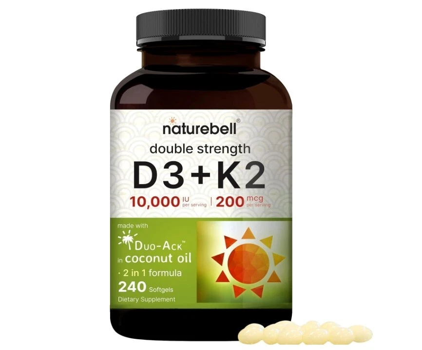 natureboll Vitamin D3 K2, 2 PACK, 10,000 IU Vitamin D, 200 mcg Vitamin K MK-7, 240 Softgels