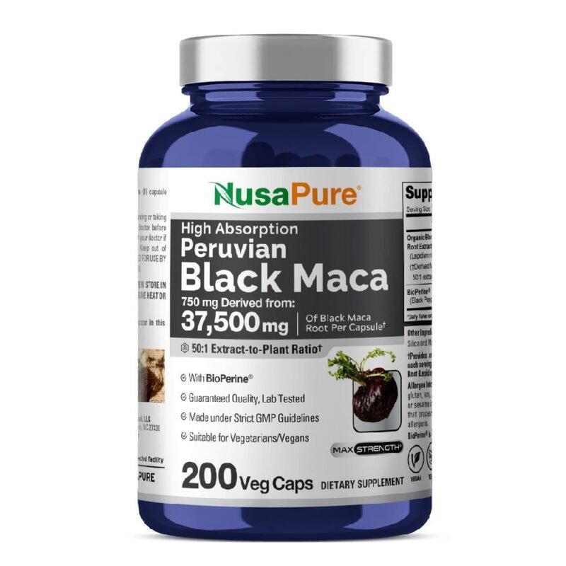 NusaPure Peruvian Black Maca Root Extract 50:1 - Suitable for Vegetarian/Vegan, Non - GMO - 37500 mg - 200 Capsules