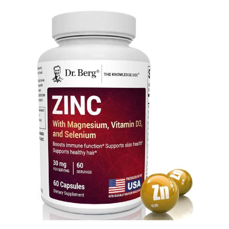 Dr. Berg Zinc 30 mg (60 Capsules) – High Potency 7-in-1 Immune Support Formula – Chelated Zinc with Vitamin D & Selenium for Healthy Skin, Hair & Daily Wellness – No Fillers, 4X Tested*